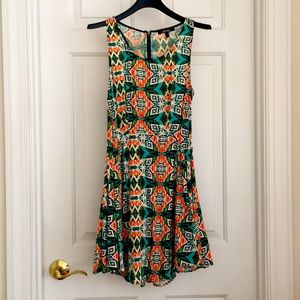 BeBop Women’s Dress XS Orange Green Geometric Sundress Fit and Flare Sleeveless